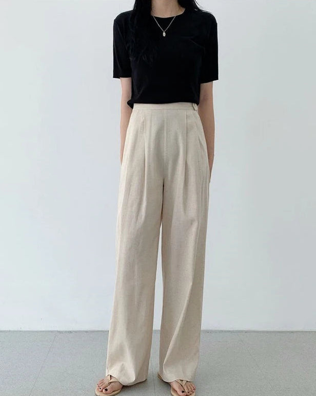 High-Waisted Cotton-Linen Straight Leg Pants