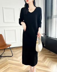 Wool V-Neck Long Sweater Dress