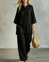 O-Neck 3/4 Sleeve Button Top & Ankle Trouser 2-Piece Set