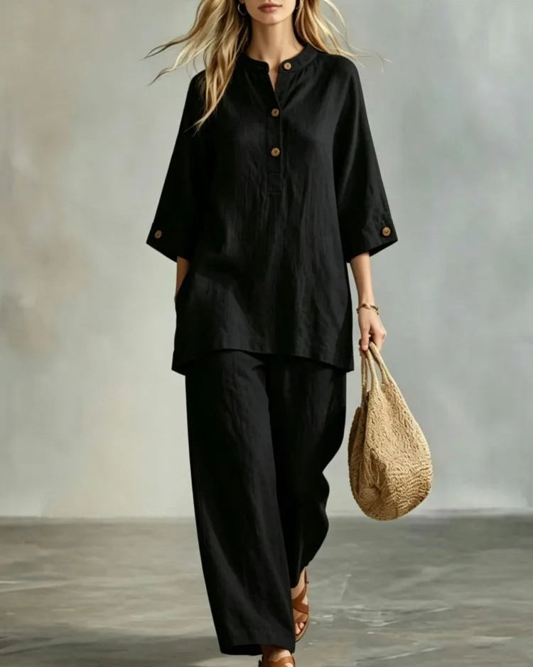 O-Neck 3/4 Sleeve Button Top & Ankle Trouser 2-Piece Set