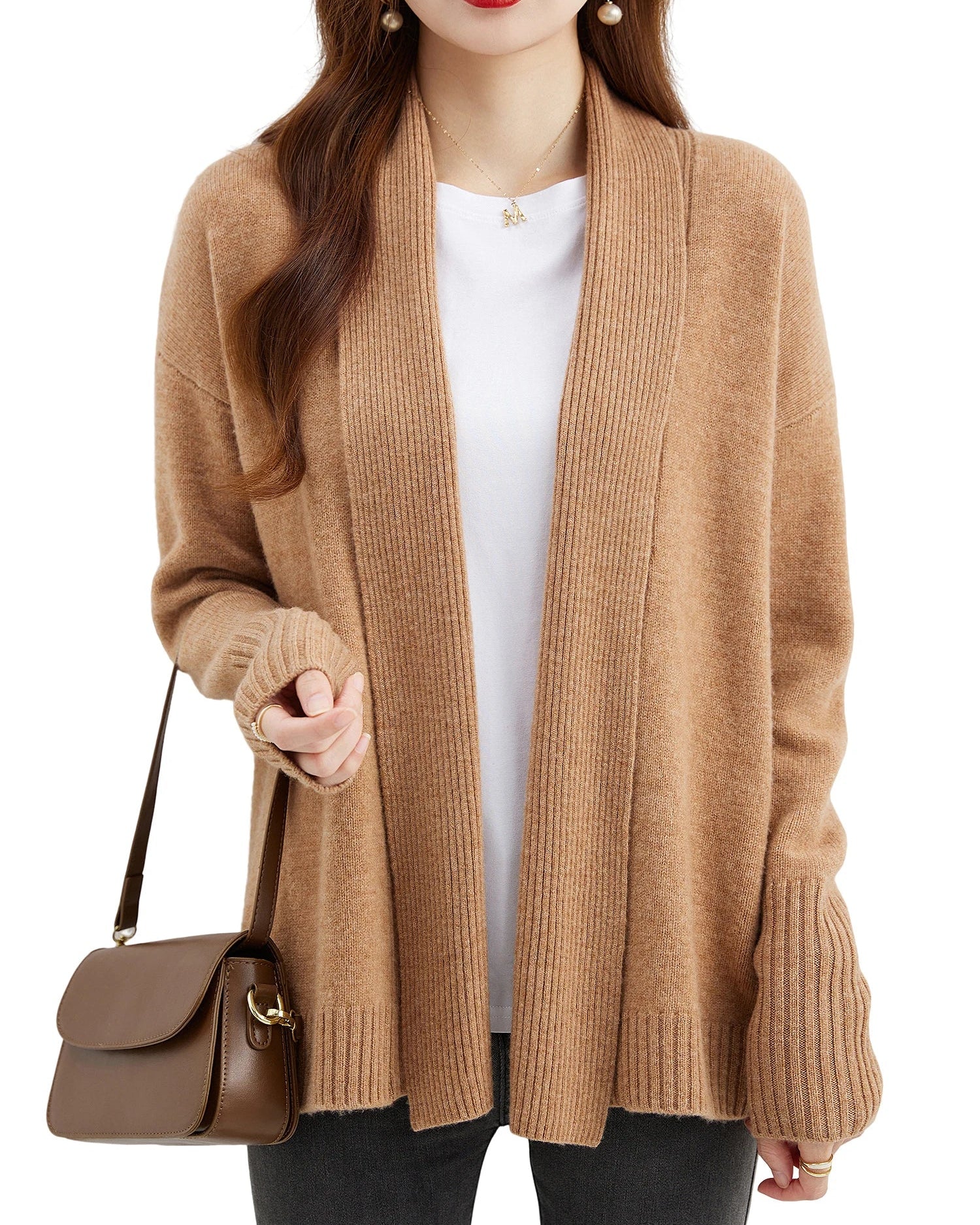 Merino Wool Solid Scarf Collar Loose Knit Cardigan