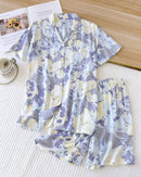 Women's floral viscose pajama sets. Smooth, breathable short-sleeve lounge two-piece with lapel collar. Elegant summer sleepwear