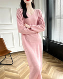 Wool V-Neck Long Sweater Dress