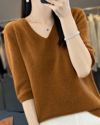 Merino Wool V-Neck Short-Sleeve Sweater