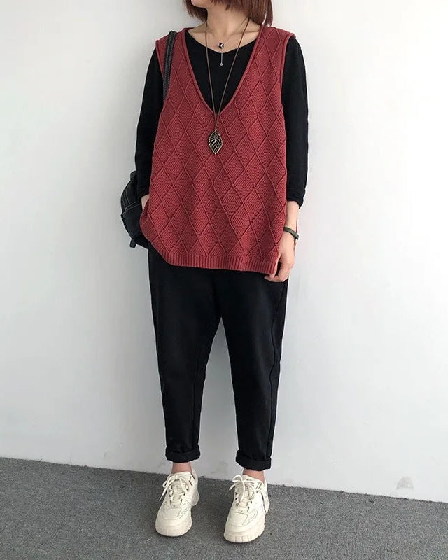 Oversized V-Neck Hollow Knit Vest