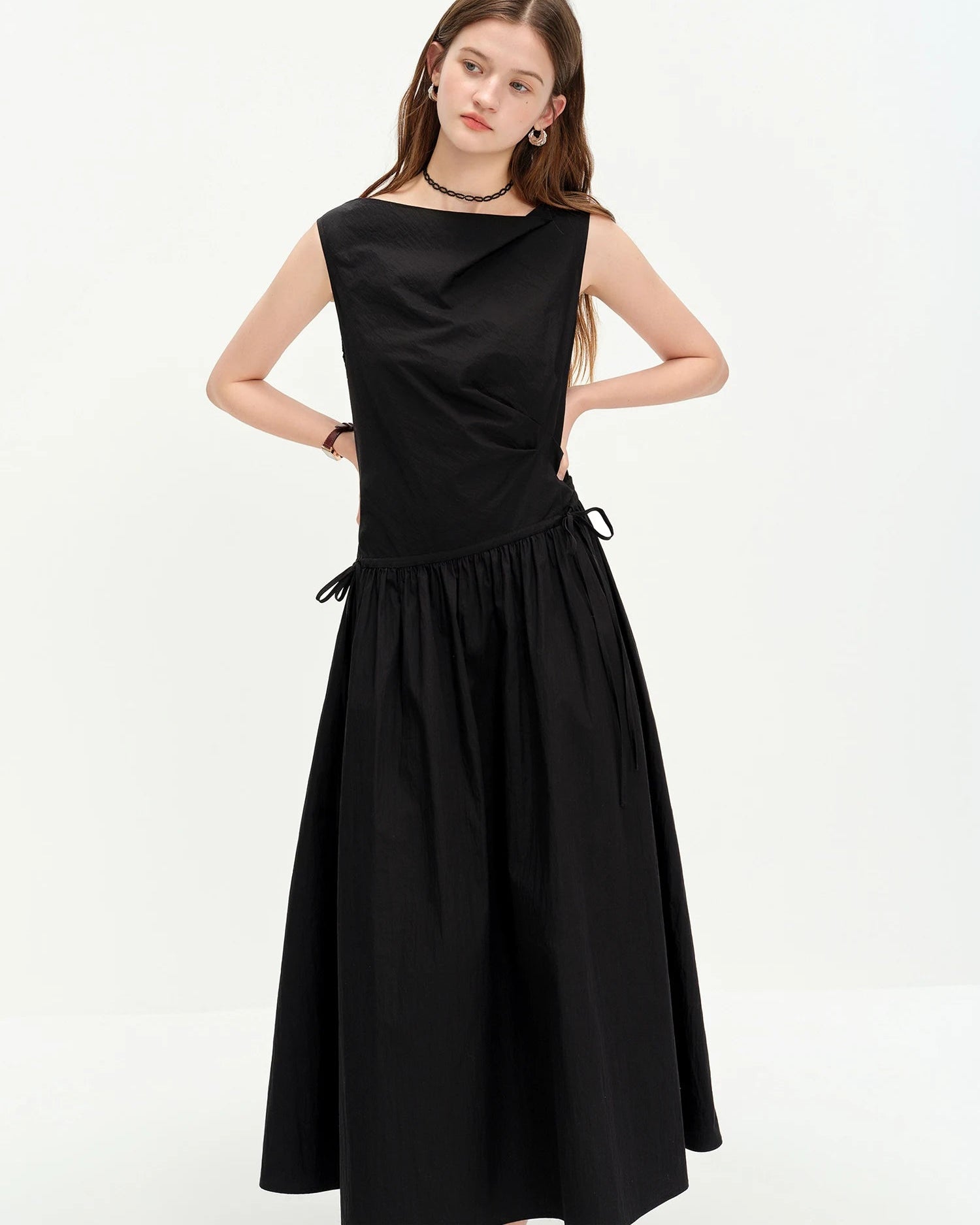 Asymmetric Neckline Woven Cotton Midi Dress