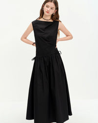 Asymmetric Neckline Woven Cotton Midi Dress