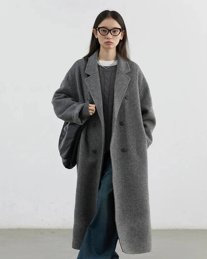 Double-Breasted Wool Blend Long Coat