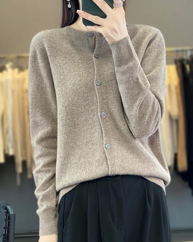 Merino Wool Round Neck Knit Cardigan
