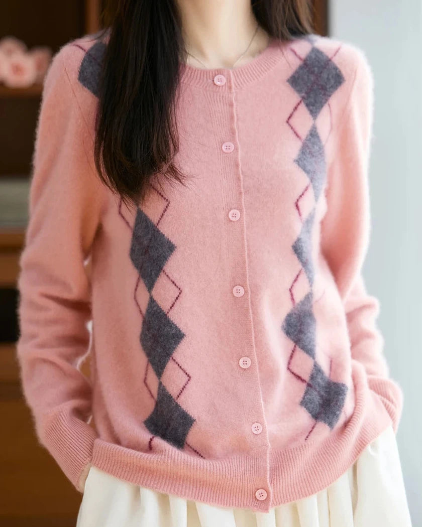 Diamond Jacquard Wool Cardigan