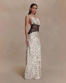 Polka Dot Lace Patchwork Halter Deep V-Neck Backless Maxi Dress