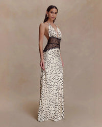 Polka Dot Lace Patchwork Halter Deep V-Neck Backless Maxi Dress