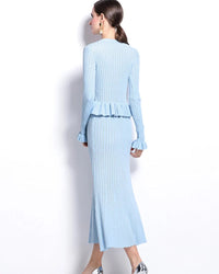 V-Neck Flare Sleeve Knit Cardigan & Mermaid Maxi Skirt Set