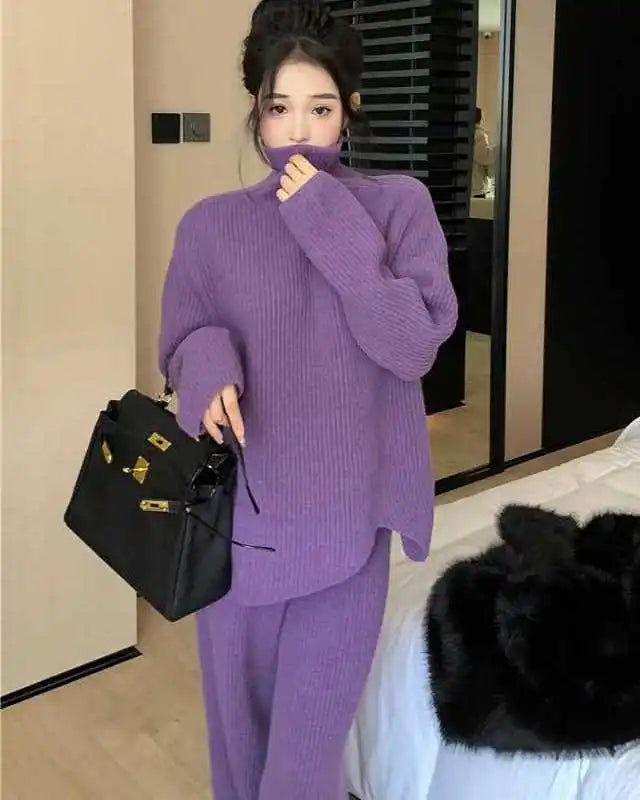 Turtleneck Knit Sweater & Wide-Leg Pants Two-Piece Set