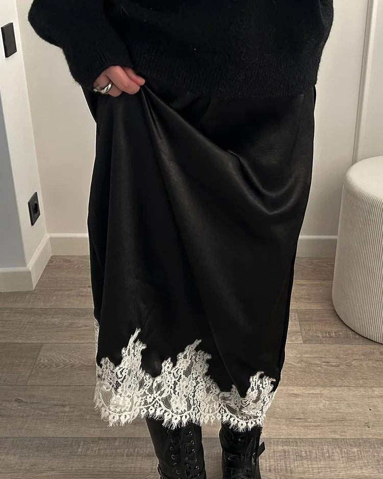Satin And Lace-Paneled A-Line Midi Skirt
