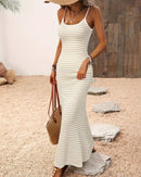 Striped stretch knit midi dress with spaghetti straps and mermaid silhouette. Medium stretch polyester blend — bohemian style for vacation, festivals and summer.