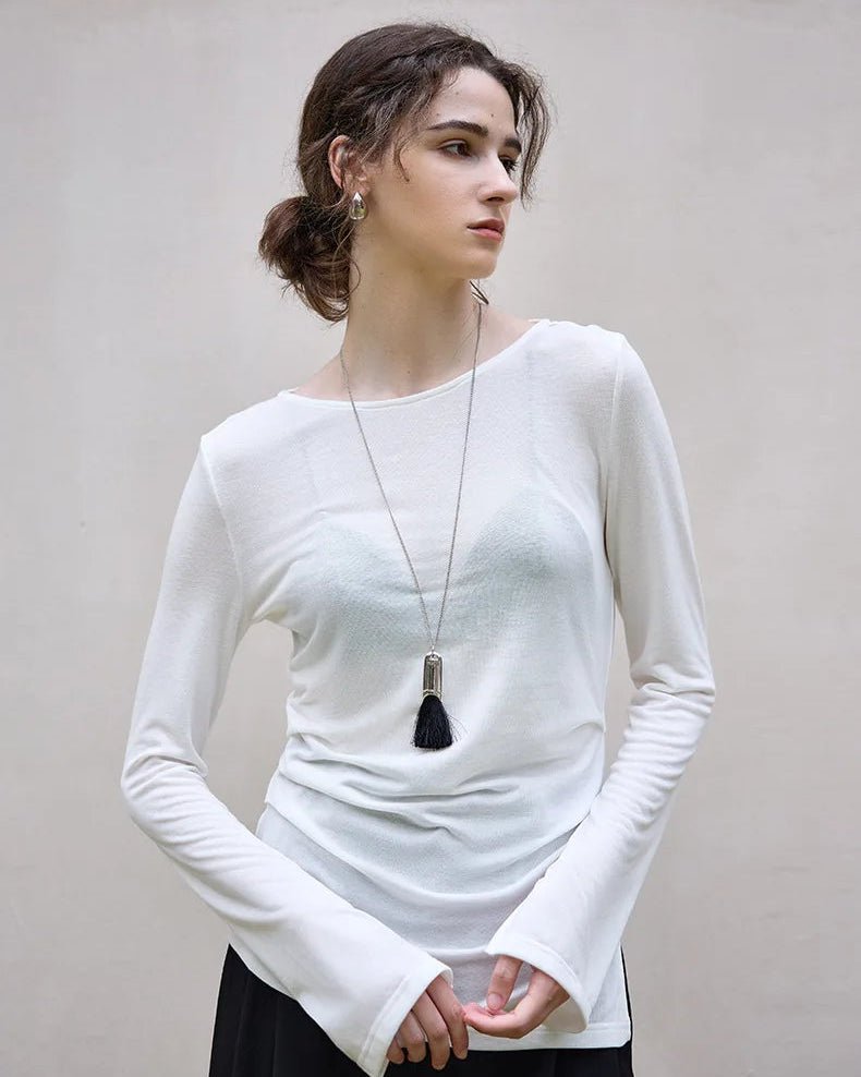 Crew Neck Long-Sleeved Irregular Slit T-Shirt