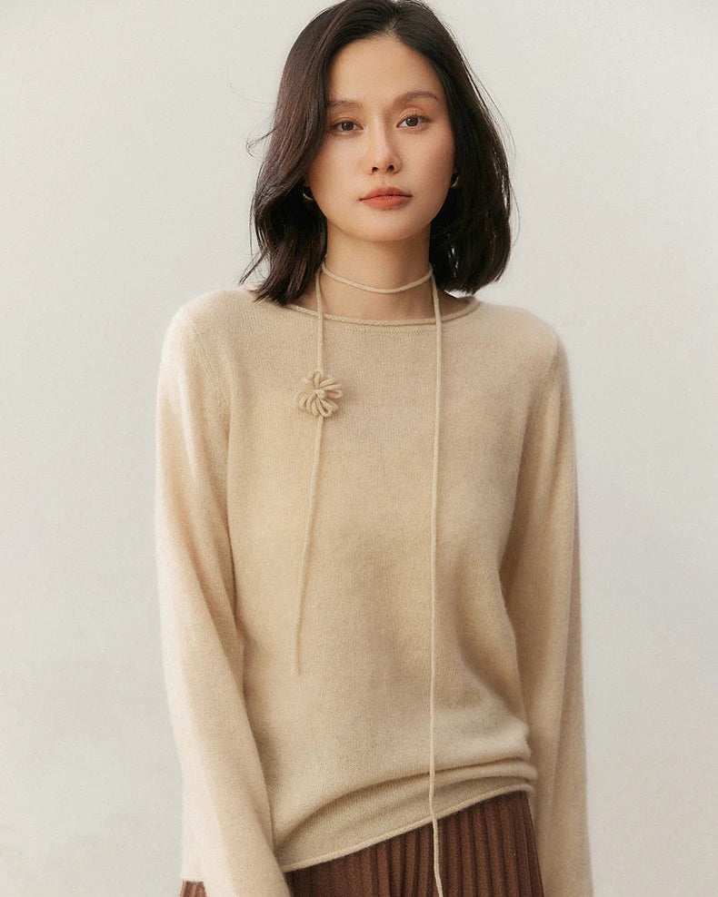 Cashmere Rolled-Up Round Neck Loose Sweater