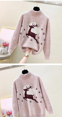 Elk printed Mink Velvet Mock Neck Sweater