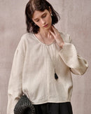 Fashionable Linen U-Neck Long-Sleeved Shirt