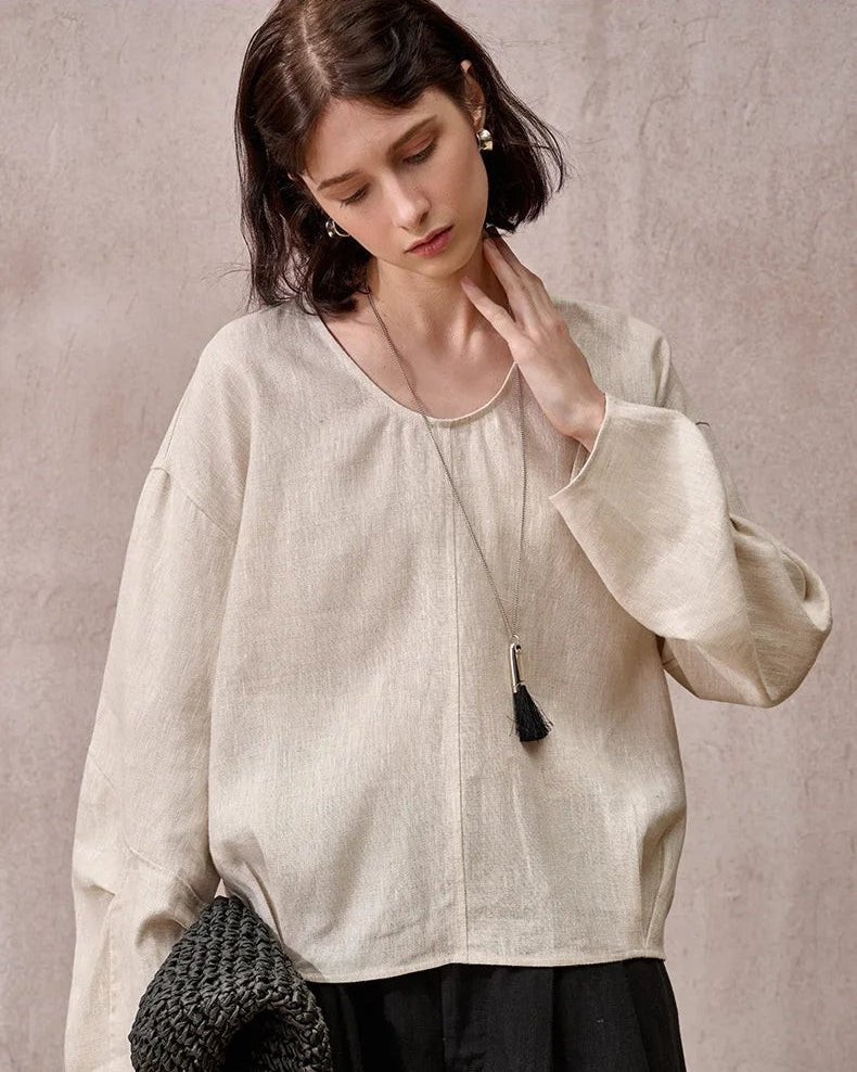 Fashionable Linen U-Neck Long-Sleeved Shirt