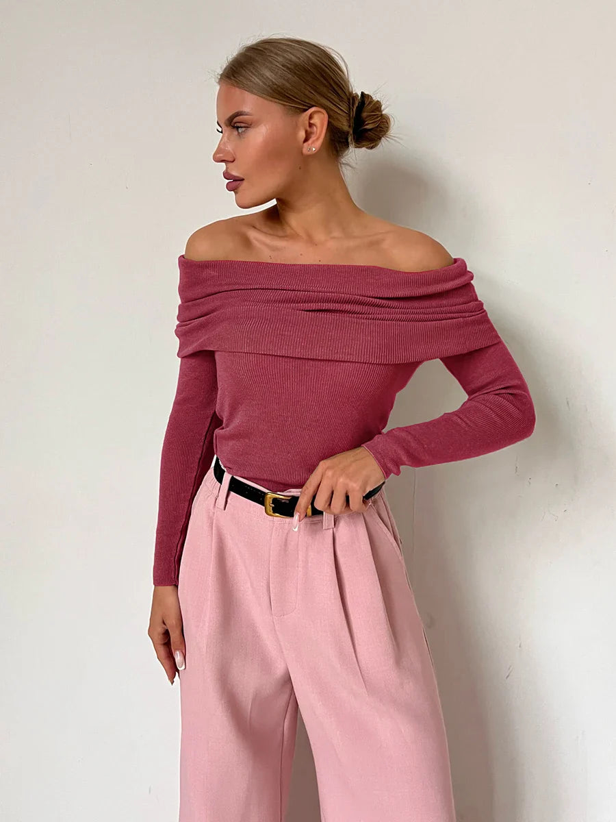 Off Shoulder Slim Fit Knitted Pullover