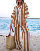 Turn-down collar crochet knit cardigan and high waist wide-leg trouser 2-piece set. Striped polyester, loose fit — casual beach and resort style for spring and summer.