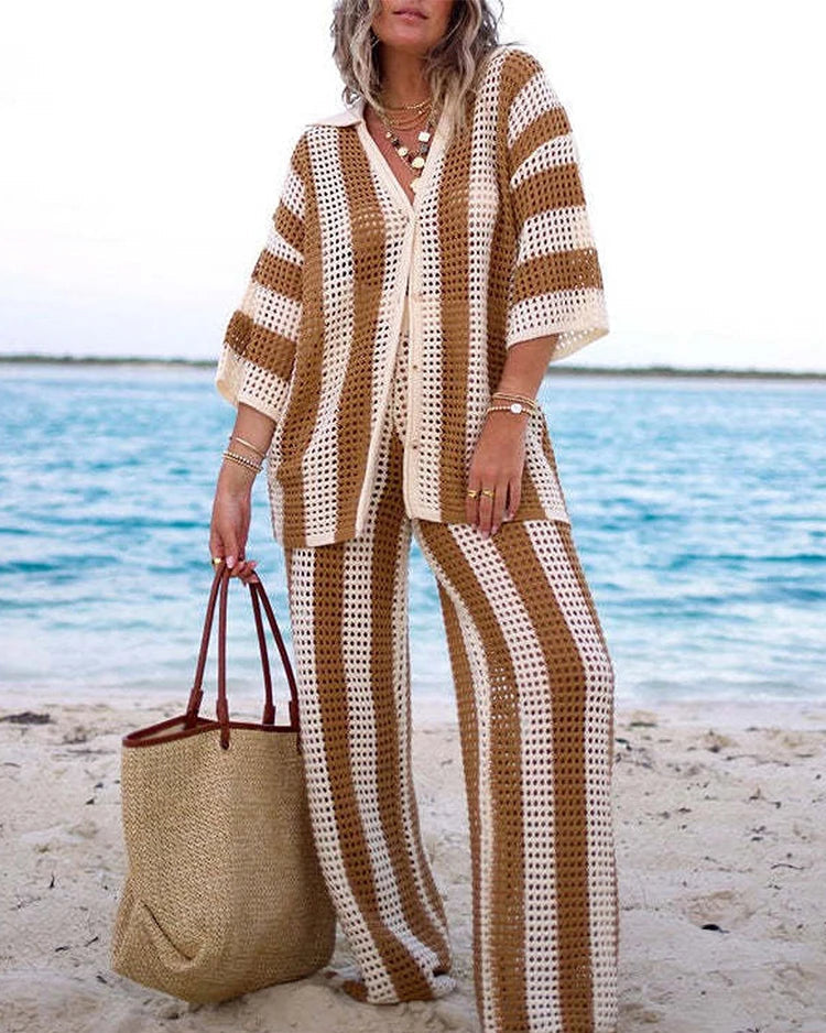 Turn-down collar crochet knit cardigan and high waist wide-leg trouser 2-piece set. Striped polyester, loose fit — casual beach and resort style for spring and summer.
