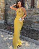 Spaghetti Strap Backless 3D Floral Fitted Dress