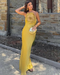 Spaghetti Strap Backless 3D Floral Fitted Dress