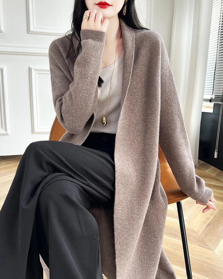 Loose-Fitting Long Wool Cardigan Sweater