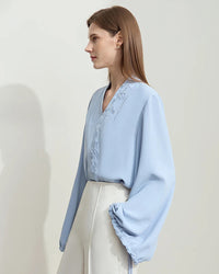 Chiffon Embroidered V-Neck Lantern Sleeve Blouse