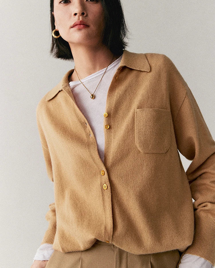 Women's cashmere blend loose-fit mid-length cardigan, featuring a fine yarn knit and turn-down collar for relaxed English-inspired elegance all season.