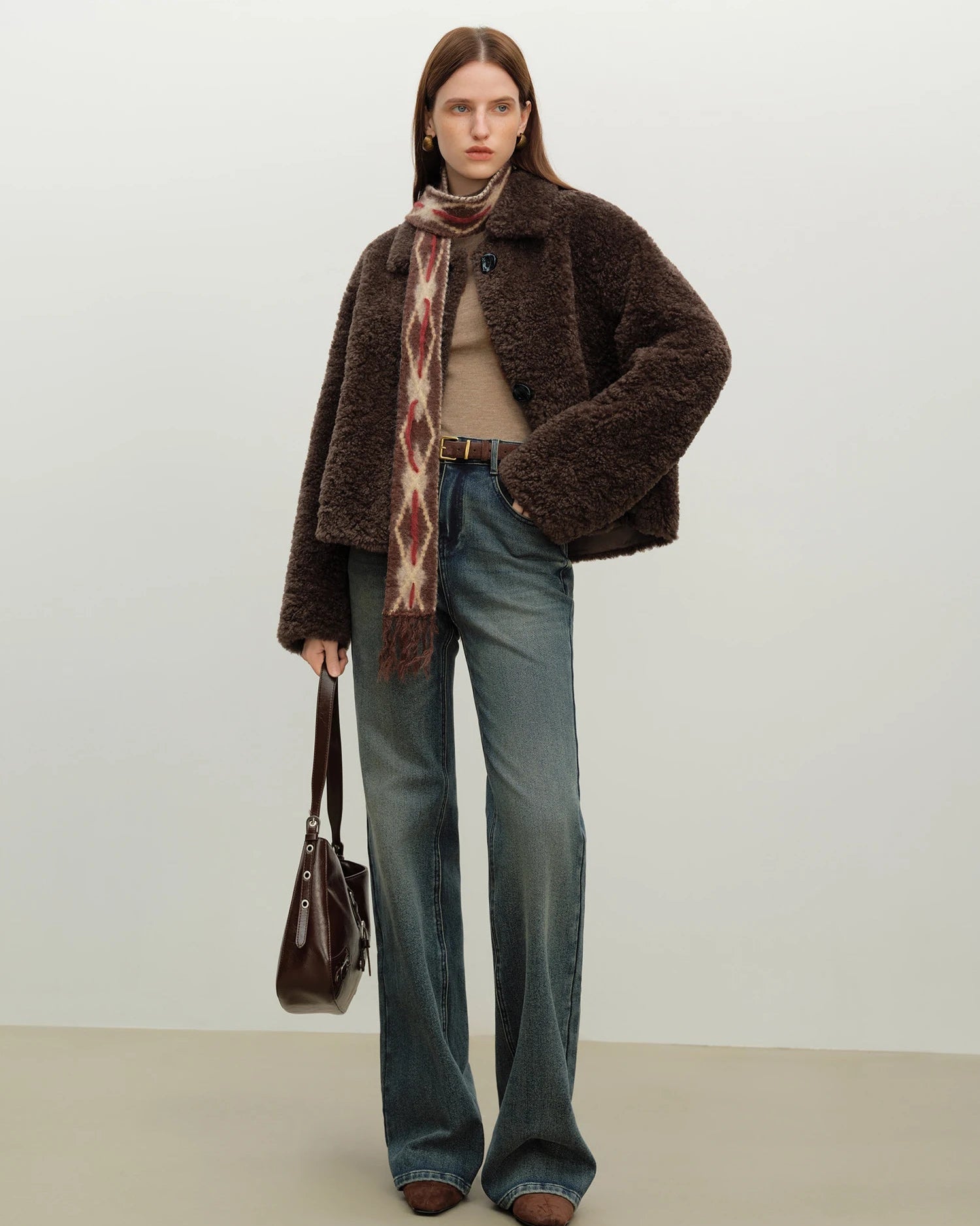 Faux Lambswool Solid Lapel Loose Cropped Coat