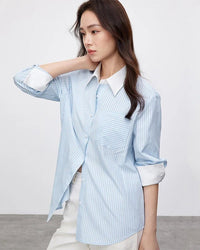 Striped Straight-Cut Long-Sleeved Shirt With Pockets