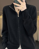 100% wool stand collar double zipper knit cardigan sweater. Heavyweight, slight stretch — a chic Korean-style autumn winter knitwear top for women.