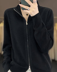 100% wool stand collar double zipper knit cardigan sweater. Heavyweight, slight stretch — a chic Korean-style autumn winter knitwear top for women.