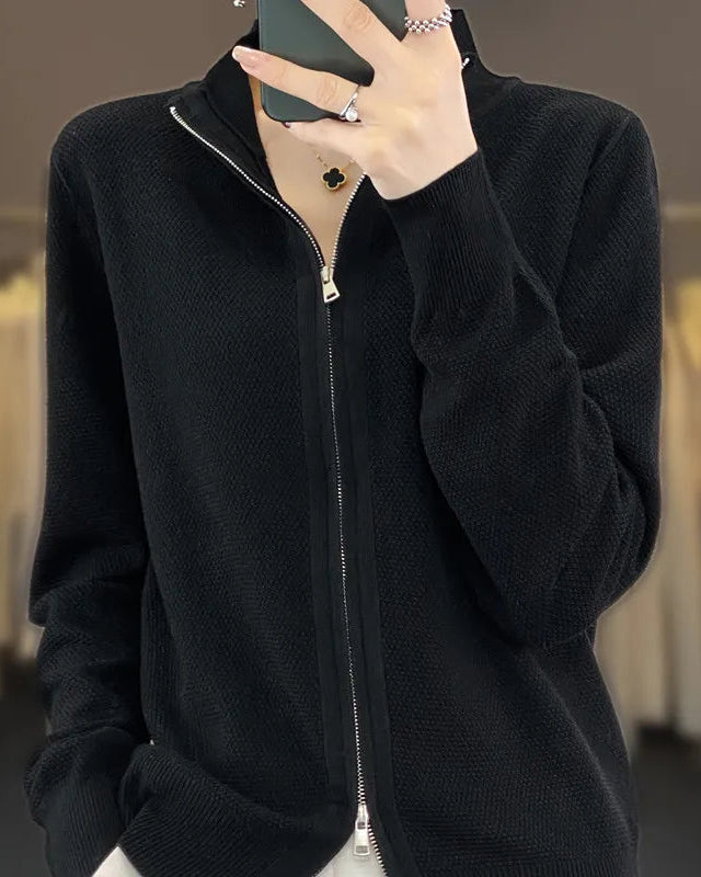 100% wool stand collar double zipper knit cardigan sweater. Heavyweight, slight stretch — a chic Korean-style autumn winter knitwear top for women.