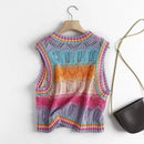 Rainbow Acrylic Knitted O-Neck Hollow Out Vest
