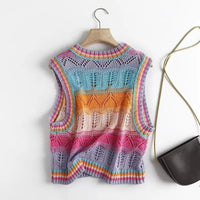 Rainbow Acrylic Knitted O-Neck Hollow Out Vest