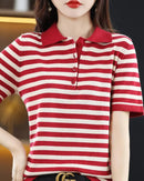 Women's Striped Cotton Polo Knit Top . Breathable, relaxed-fit knitwear designed for effortless everyday style.