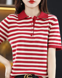 Women's Striped Cotton Polo Knit Top . Breathable, relaxed-fit knitwear designed for effortless everyday style.