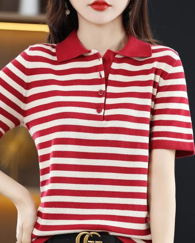 Women's Striped Cotton Polo Knit Top . Breathable, relaxed-fit knitwear designed for effortless everyday style.
