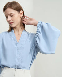 Chiffon Embroidered V-Neck Lantern Sleeve Blouse