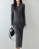 Wool Solid Half-Open Collar Slim Long Knit Dress