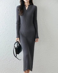Wool Solid Half-Open Collar Slim Long Knit Dress