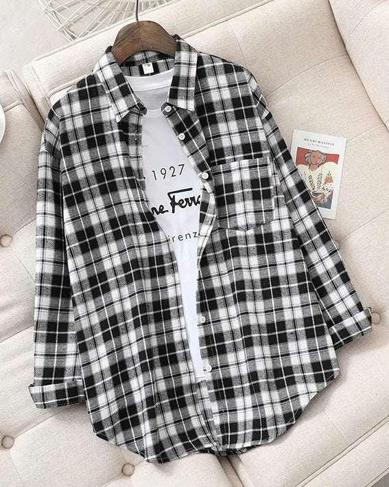 Plaid Lapel Single-Breasted Loose Shirt