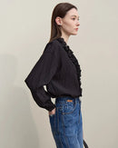 Ruffled V-Neck Long-Sleeved Loose-Fitting Shirt