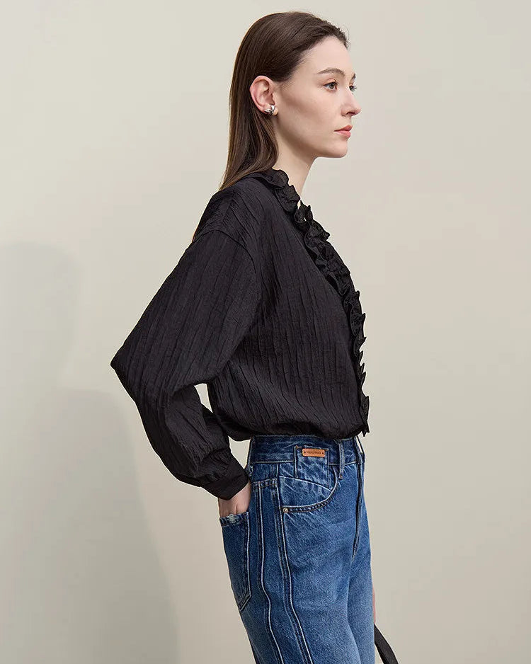 Ruffled V-Neck Long-Sleeved Loose-Fitting Shirt