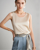 Women’s white crew neck sleeveless silk top, solid color tank style with a regular fit, perfect for spring summer office or casual wear.